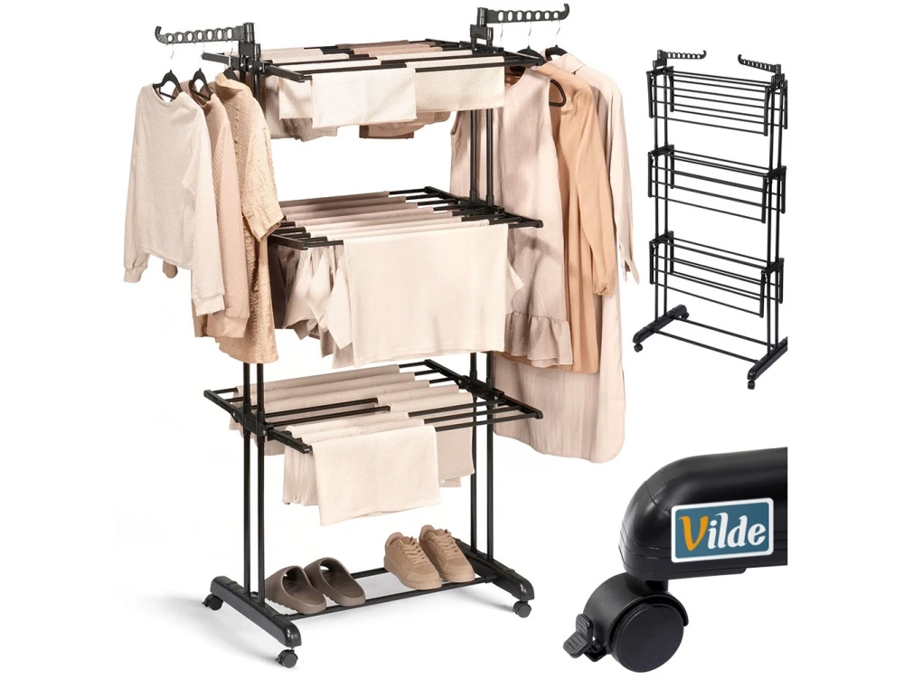 Vilde Drying Rack Vertical 3-Tier Floor Drying Rack with Wheels 78x64x170cm with Hangers, Metal, Black