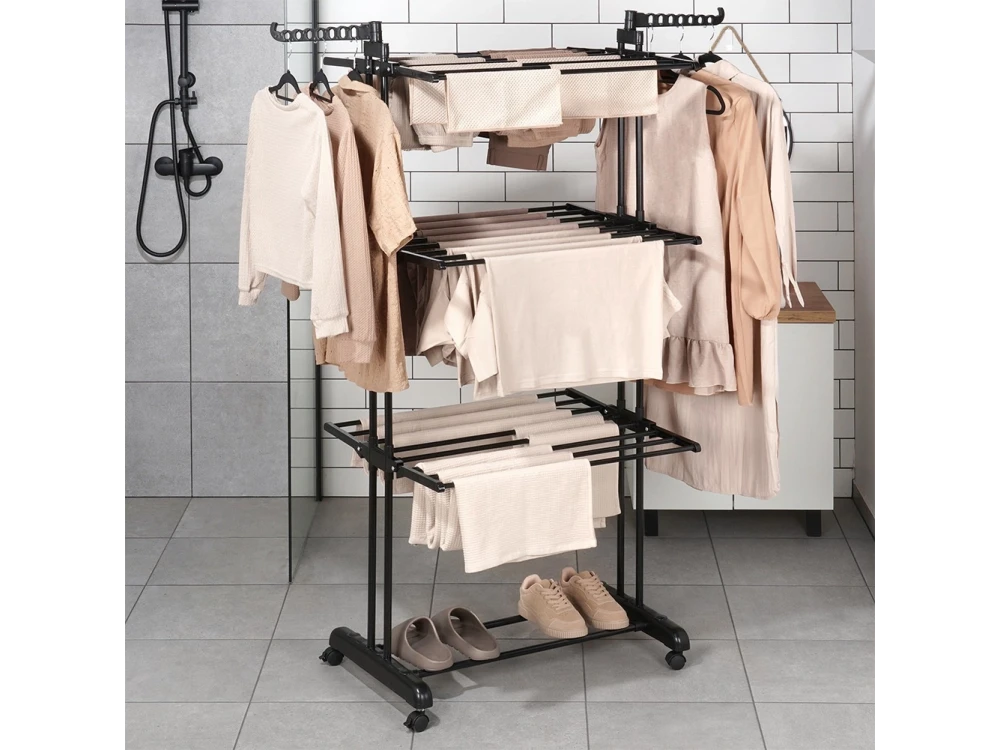 Vilde Drying Rack Vertical 3-Tier Floor Drying Rack with Wheels 78x64x170cm with Hangers, Metal, Black