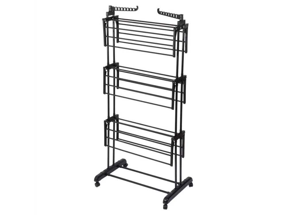 Vilde Drying Rack Vertical 3-Tier Floor Drying Rack with Wheels 78x64x170cm with Hangers, Metal, Black