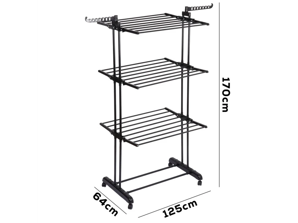 Vilde Drying Rack Vertical 3-Tier Floor Drying Rack with Wheels 78x64x170cm with Hangers, Metal, Black