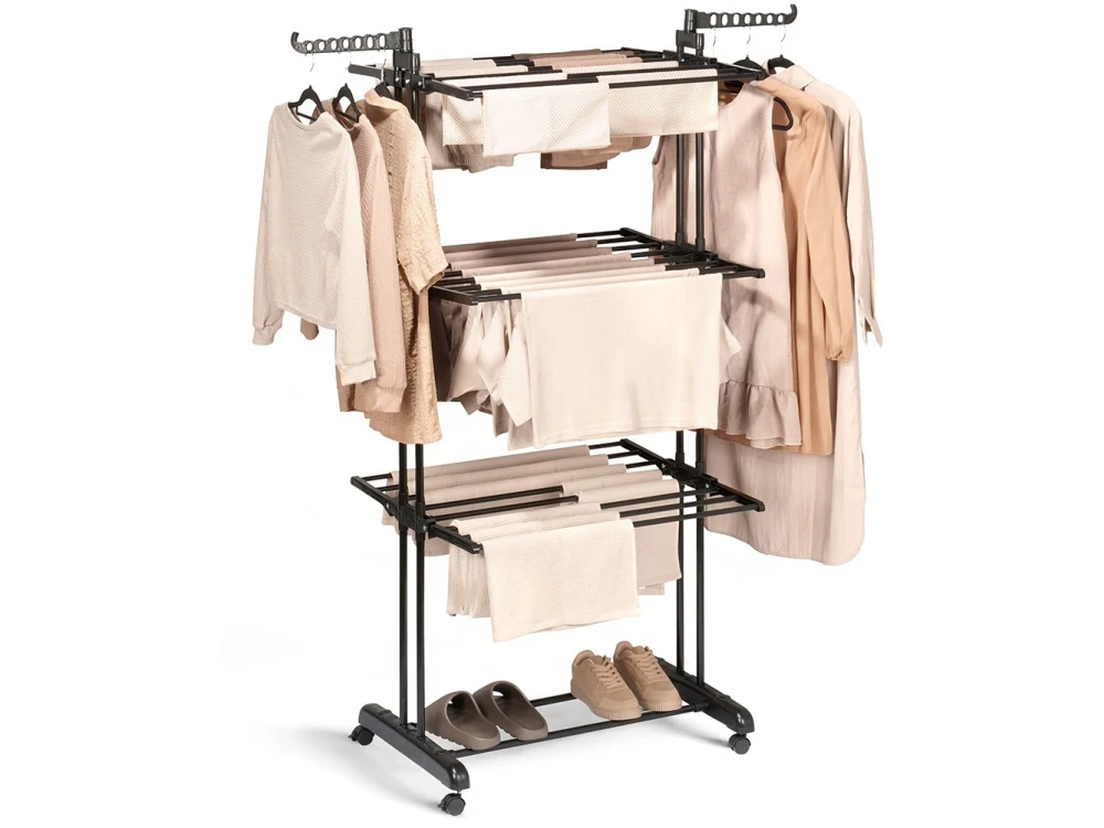 Vilde Drying Rack Vertical 3-Tier Floor Drying Rack with Wheels 78x64x170cm with Hangers, Metal, Black