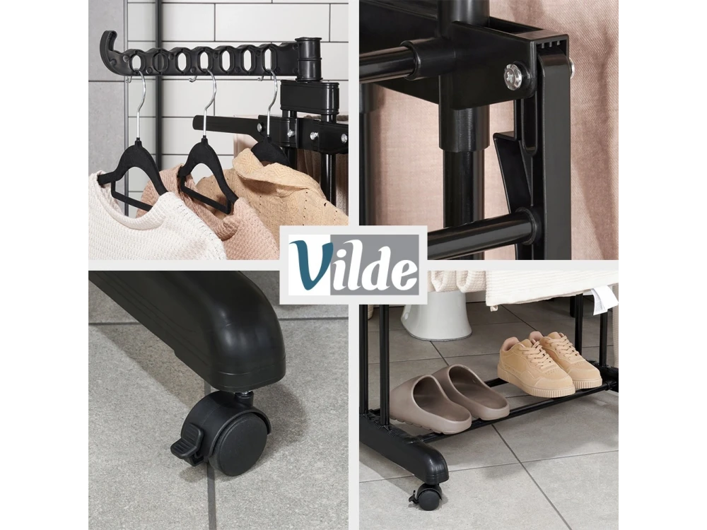 Vilde Drying Rack Vertical 3-Tier Floor Drying Rack with Wheels 78x64x170cm with Hangers, Metal, Black