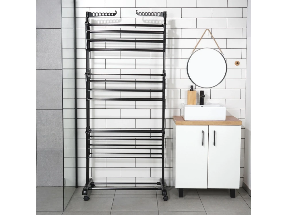 Vilde Drying Rack Vertical 3-Tier Floor Drying Rack with Wheels 78x64x170cm with Hangers, Metal, Black