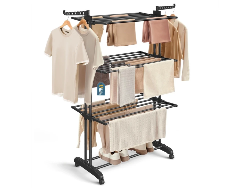 Vilde Drying Rack Vertical 3-Tier Floor Drying Rack with Wheels 78x64x170cm with Hangers, Metal, Black
