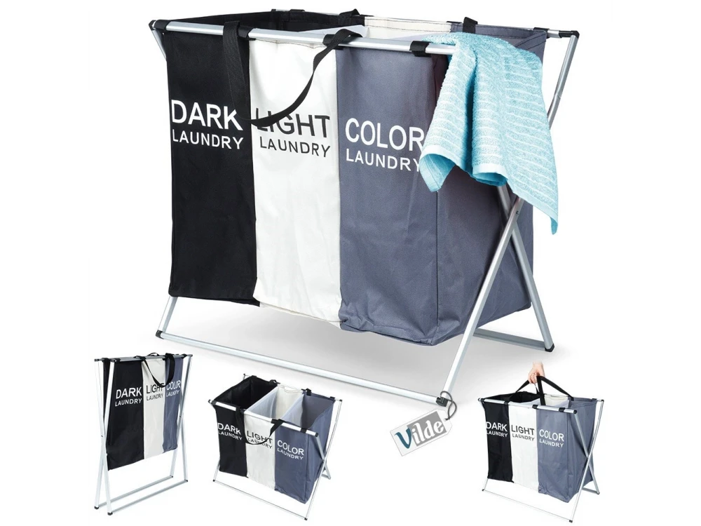 Vilde Laundry Basket Foldable, Καλάθι Απλύτων 3 Διαμερισμάτων Μεταλλικό 55x60x40cm