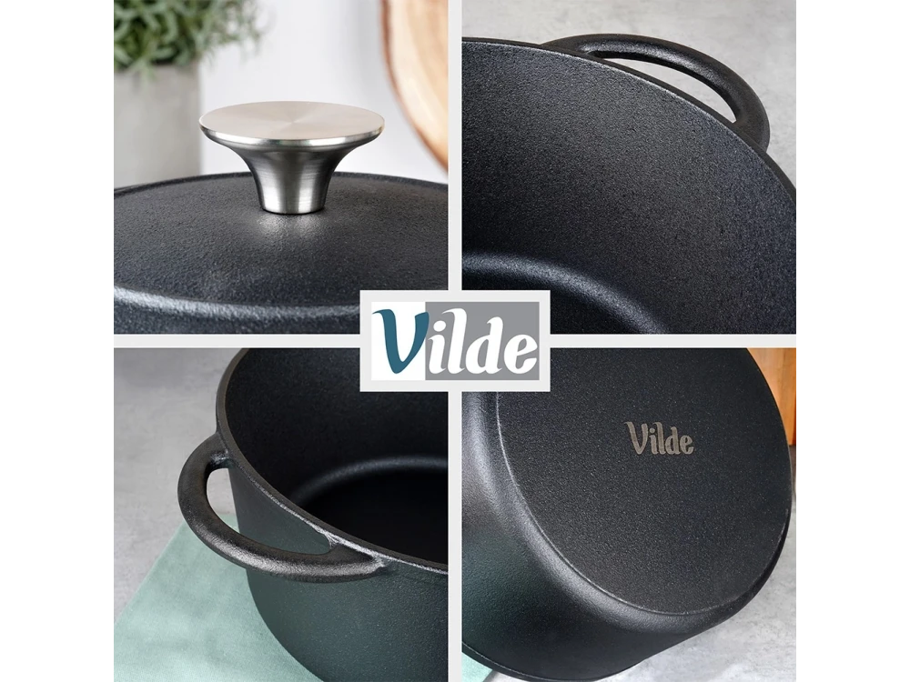 Vilde Pot with Lid Cast Iron 26cm, Cast Iron Casserole 5L, Black