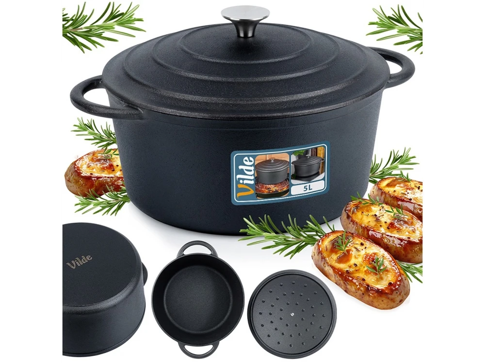 Vilde Pot with Lid Cast Iron 26cm, Cast Iron Casserole 5L, Black