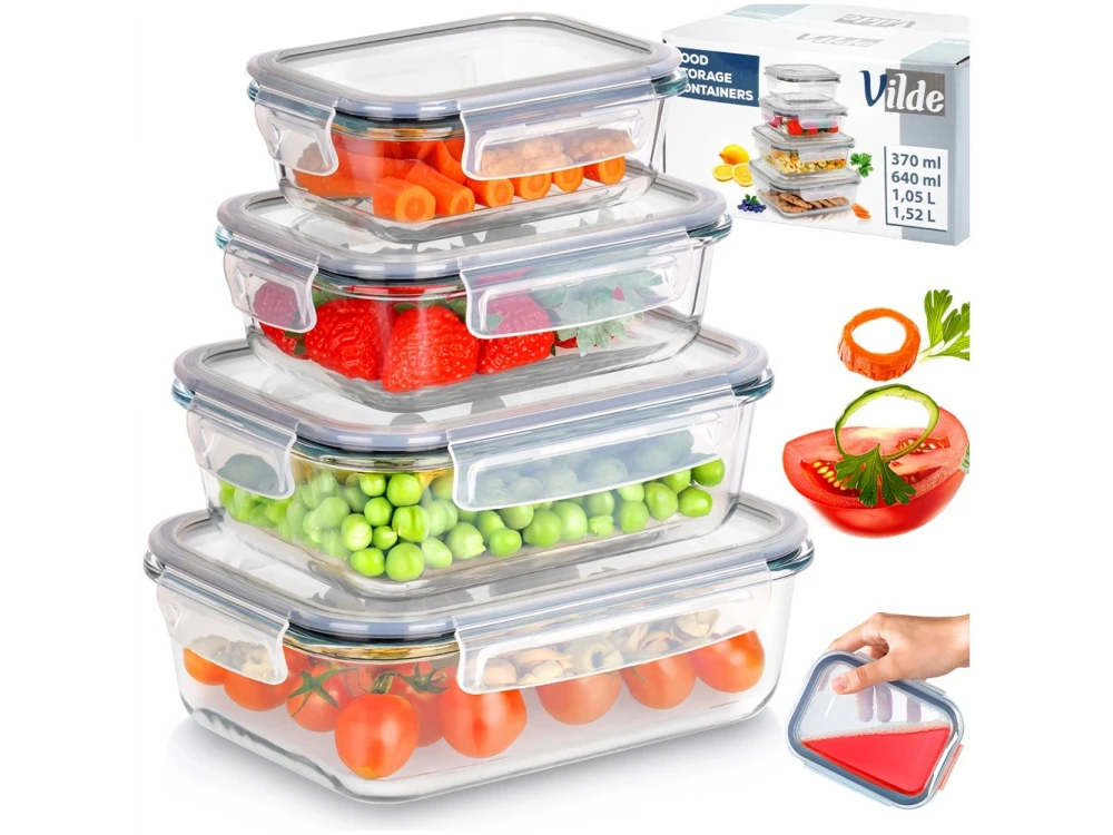 Vilde Premium 4 Glass Food Containers with Lids & Airtight Closure, 370ml + 640ml + 1050ml + 1520ml Set of 4, Transparent