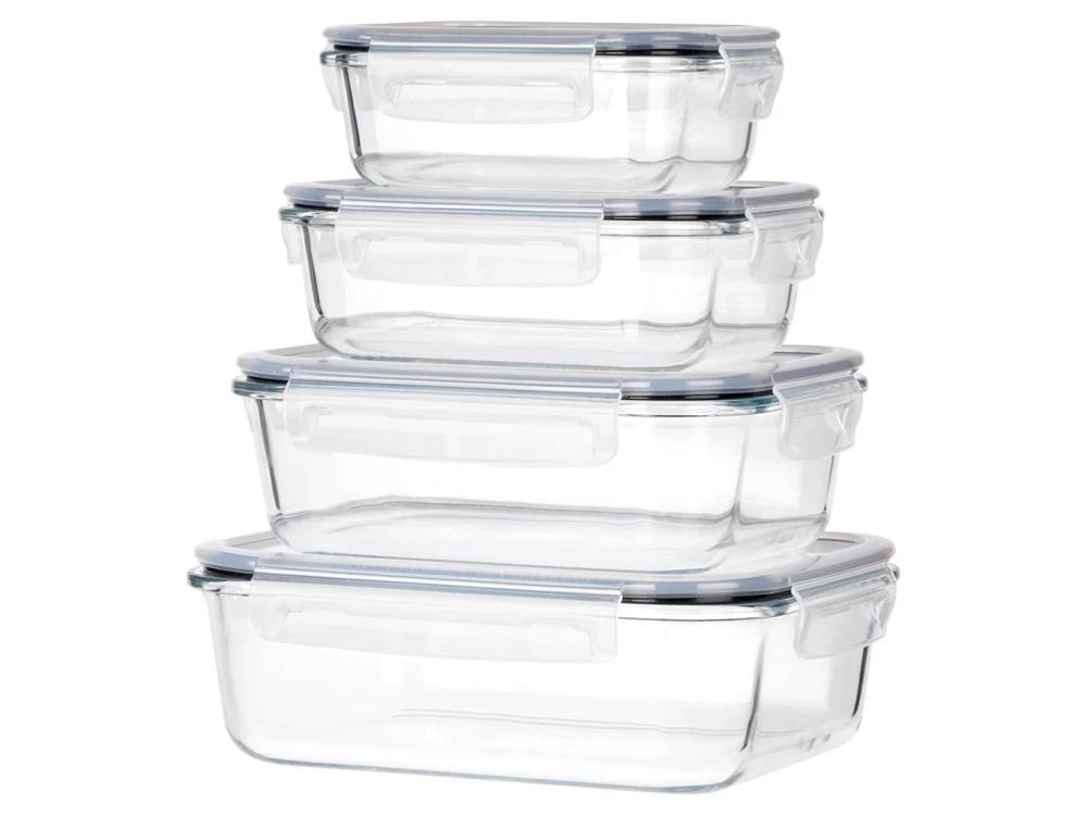 Vilde Premium 4 Glass Food Containers with Lids & Airtight Closure, 370ml + 640ml + 1050ml + 1520ml Set of 4, Transparent