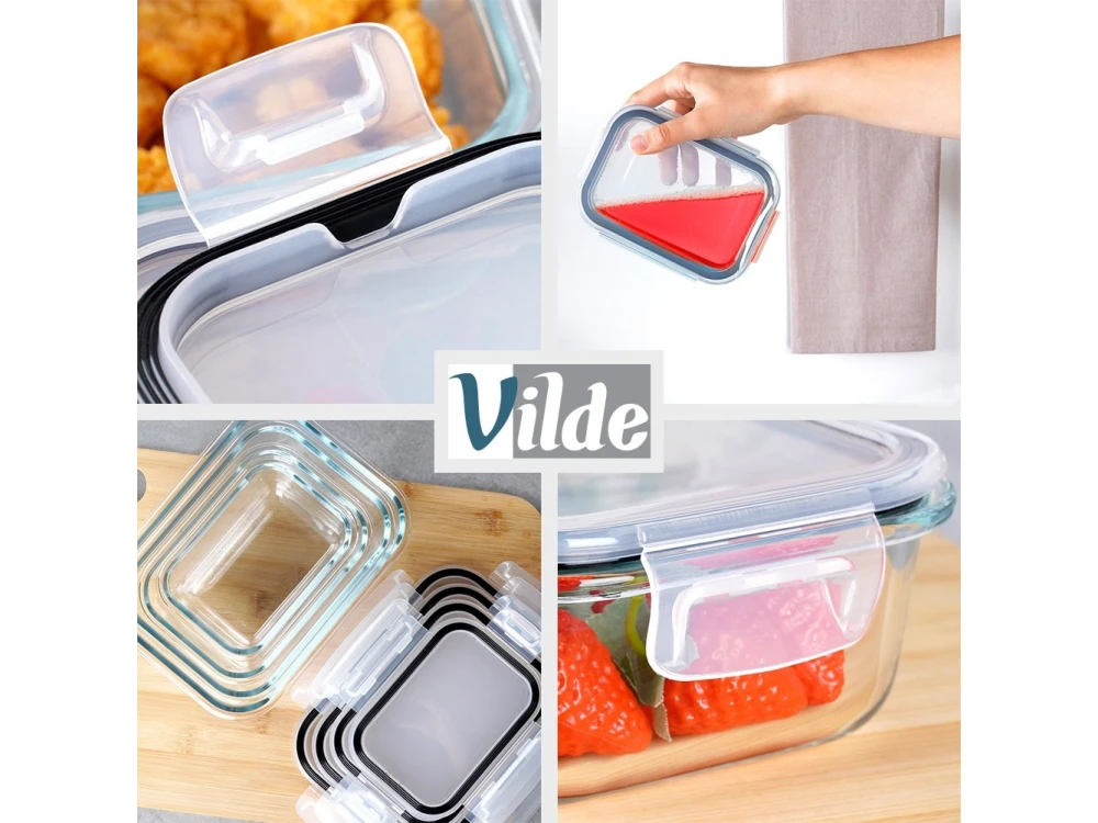 Vilde Premium 4 Glass Food Containers with Lids & Airtight Closure, 370ml + 640ml + 1050ml + 1520ml Set of 4, Transparent