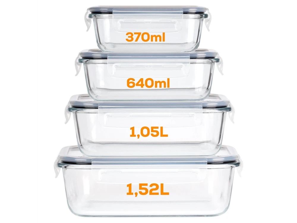 Vilde Premium 4 Glass Food Containers with Lids & Airtight Closure, 370ml + 640ml + 1050ml + 1520ml Set of 4, Transparent