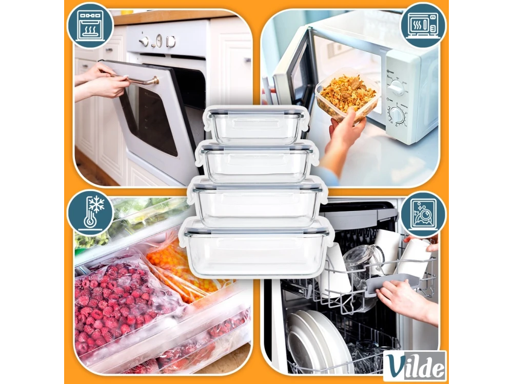 Vilde Premium 4 Glass Food Containers with Lids & Airtight Closure, 370ml + 640ml + 1050ml + 1520ml Set of 4, Transparent