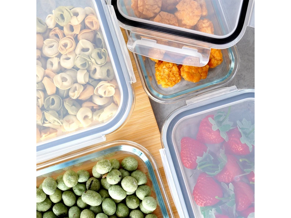 Vilde Premium 4 Glass Food Containers with Lids & Airtight Closure, 370ml + 640ml + 1050ml + 1520ml Set of 4, Transparent