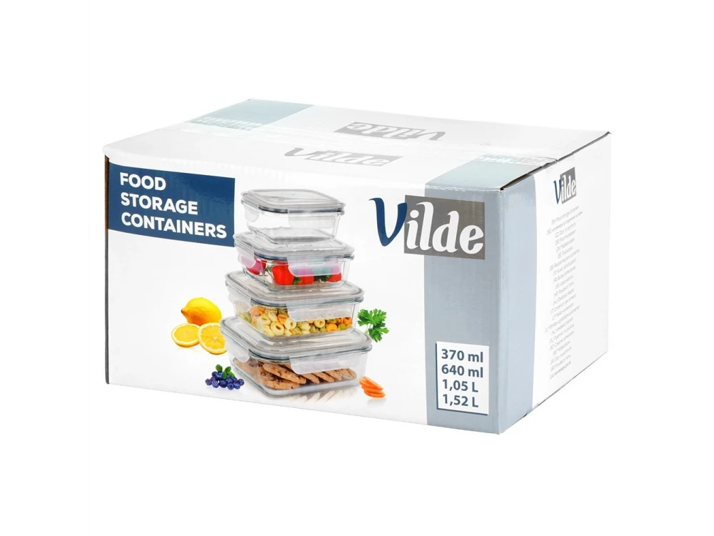 Vilde Premium 4 Glass Food Containers with Lids & Airtight Closure, 370ml + 640ml + 1050ml + 1520ml Set of 4, Transparent