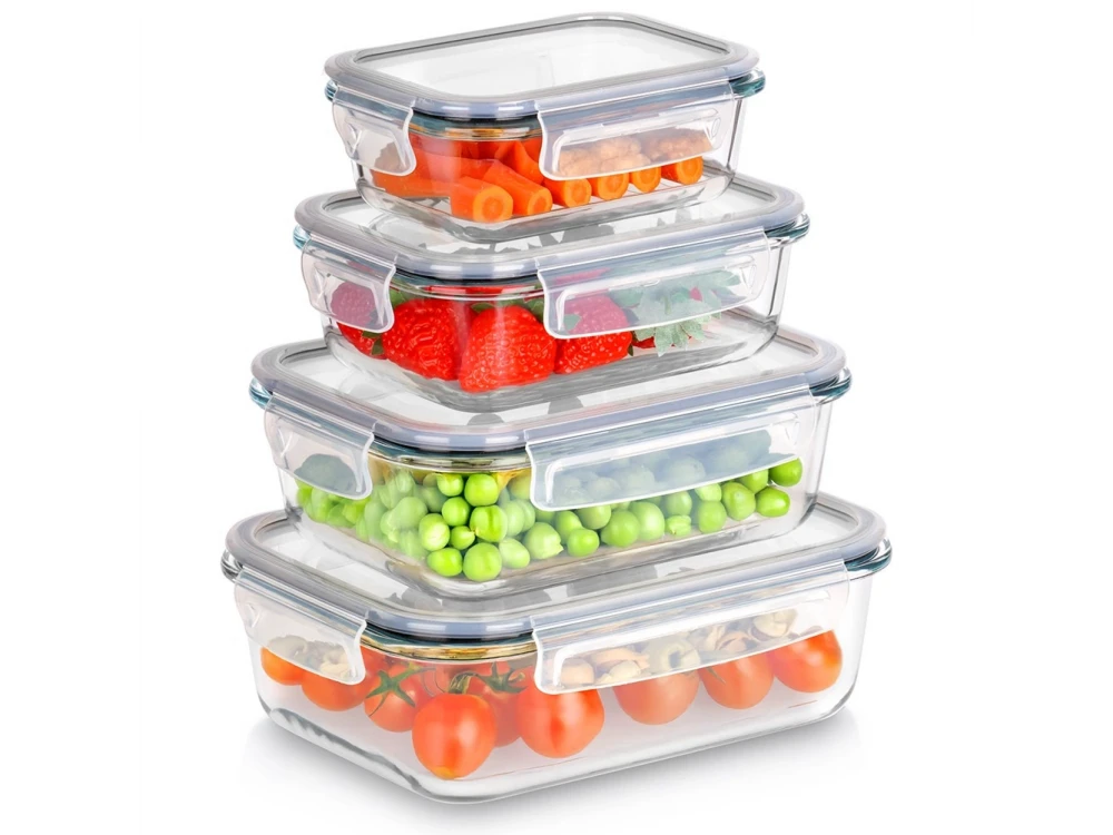 Vilde Premium 4 Glass Food Containers with Lids & Airtight Closure, 370ml + 640ml + 1050ml + 1520ml Set of 4, Transparent