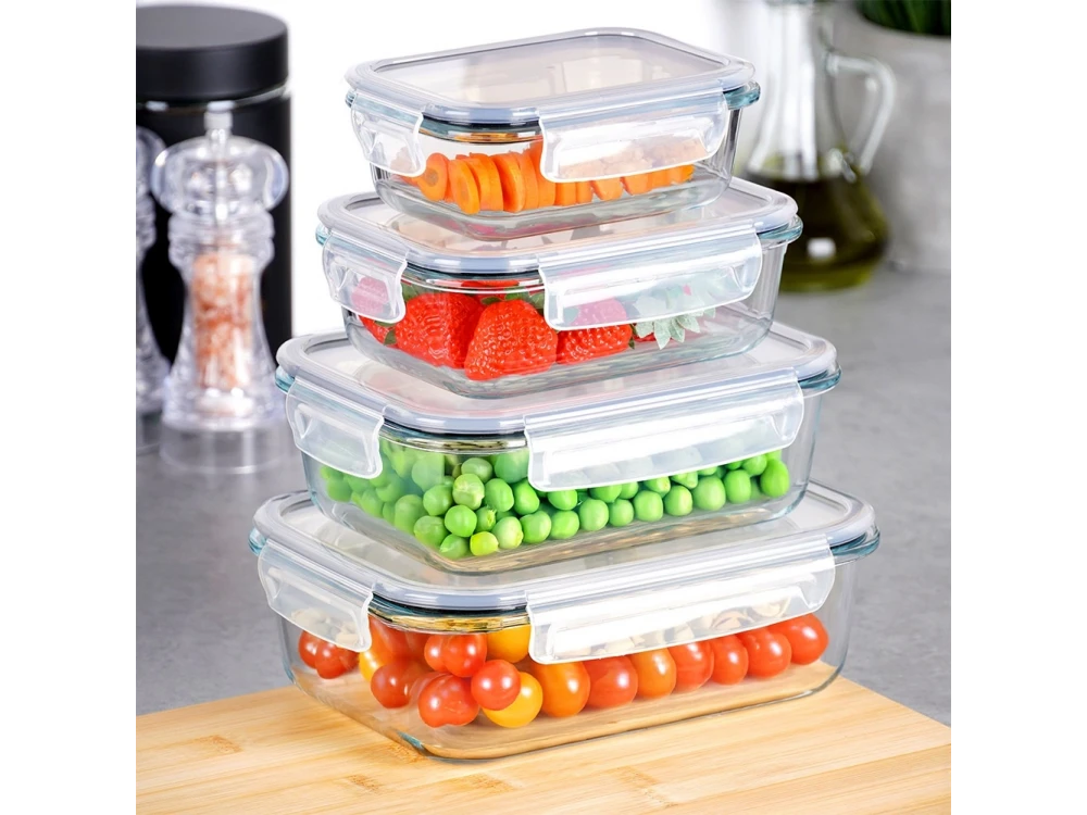 Vilde Premium 4 Glass Food Containers with Lids & Airtight Closure, 370ml + 640ml + 1050ml + 1520ml Set of 4, Transparent
