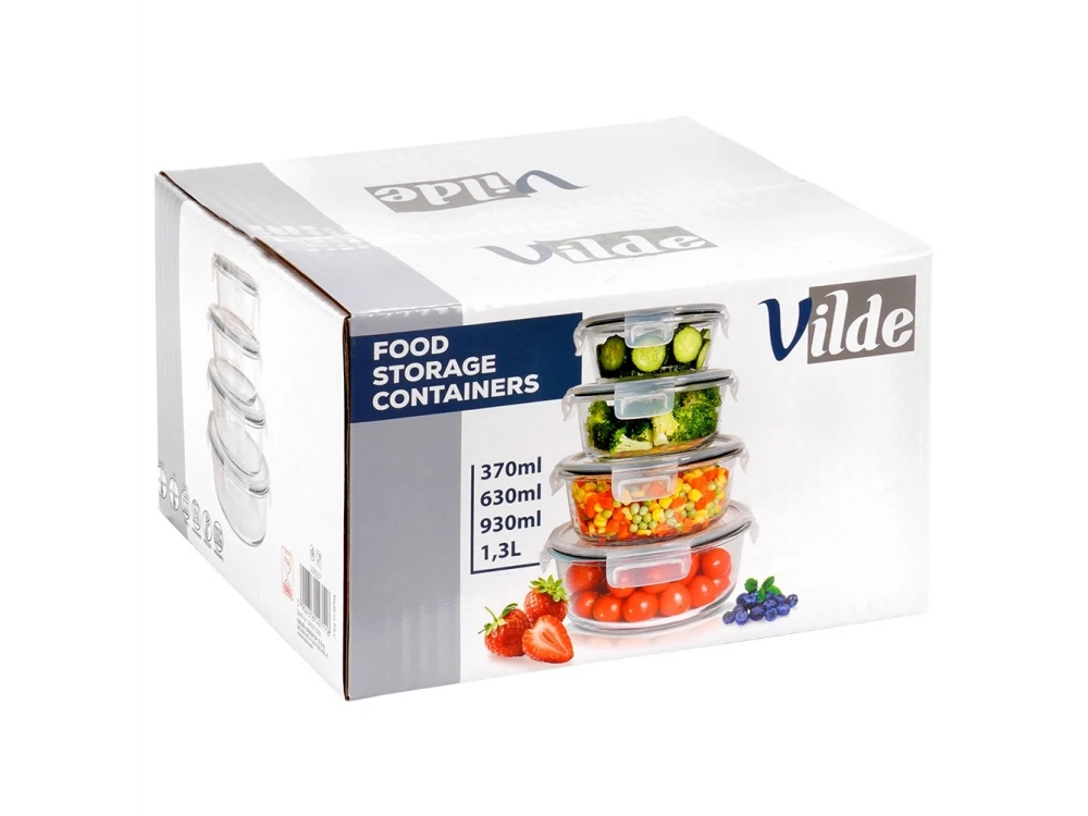 Vilde Premium 4 Glass Food Containers with Lids & Airtight Closure, 370ml + 630ml + 930ml + 1300ml Set of 4, Transparent