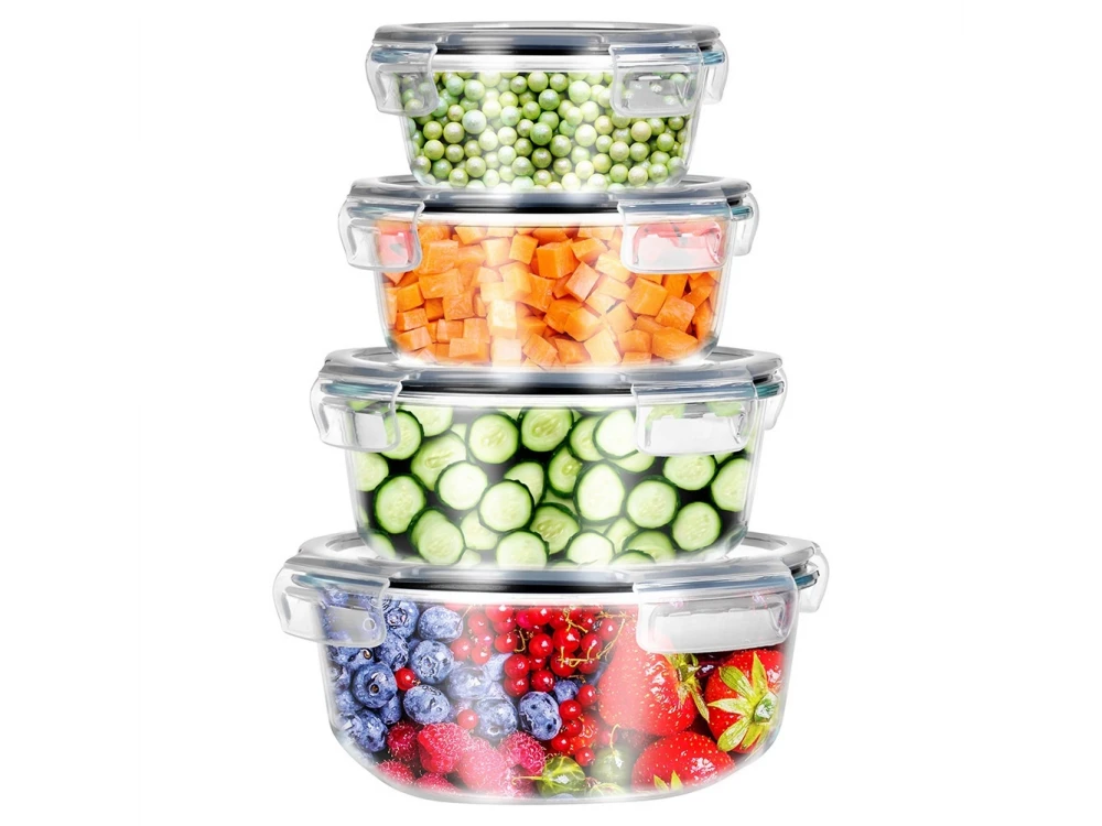 Vilde Premium 4 Glass Food Containers with Lids & Airtight Closure, 370ml + 630ml + 930ml + 1300ml Set of 4, Transparent