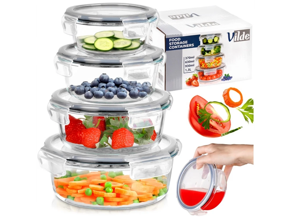 Vilde Premium 4 Glass Food Containers with Lids & Airtight Closure, 370ml + 630ml + 930ml + 1300ml Set of 4, Transparent