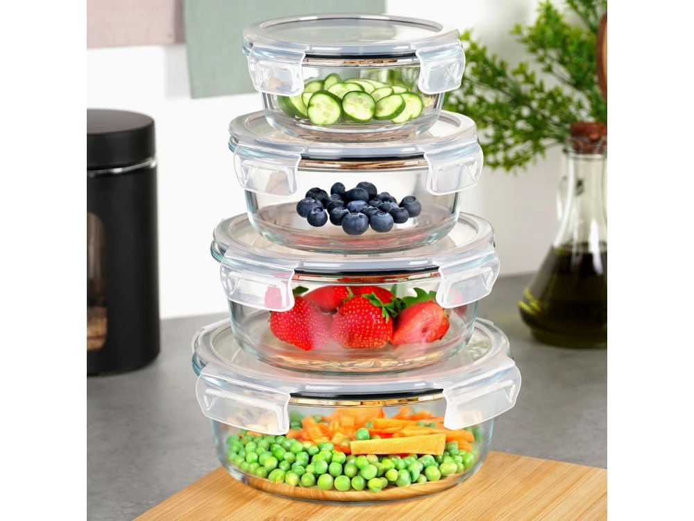 Vilde Premium 4 Glass Food Containers with Lids & Airtight Closure, 370ml + 630ml + 930ml + 1300ml Set of 4, Transparent