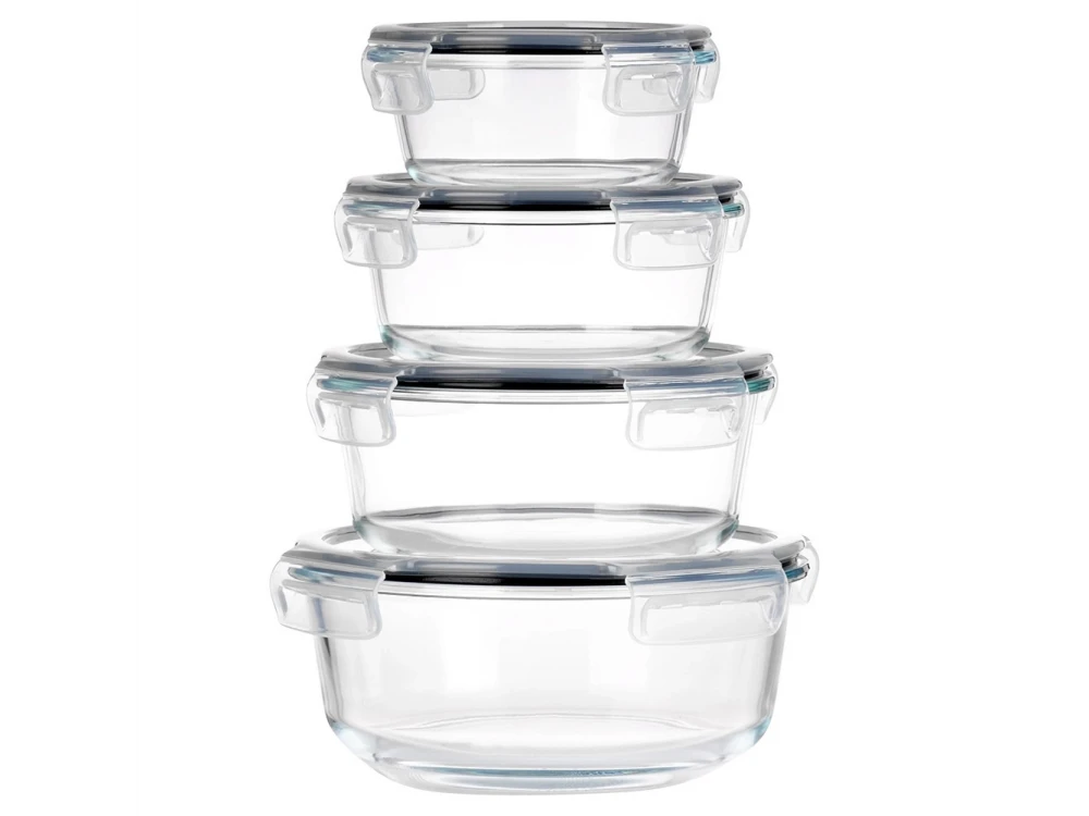 Vilde Premium 4 Glass Food Containers with Lids & Airtight Closure, 370ml + 630ml + 930ml + 1300ml Set of 4, Transparent