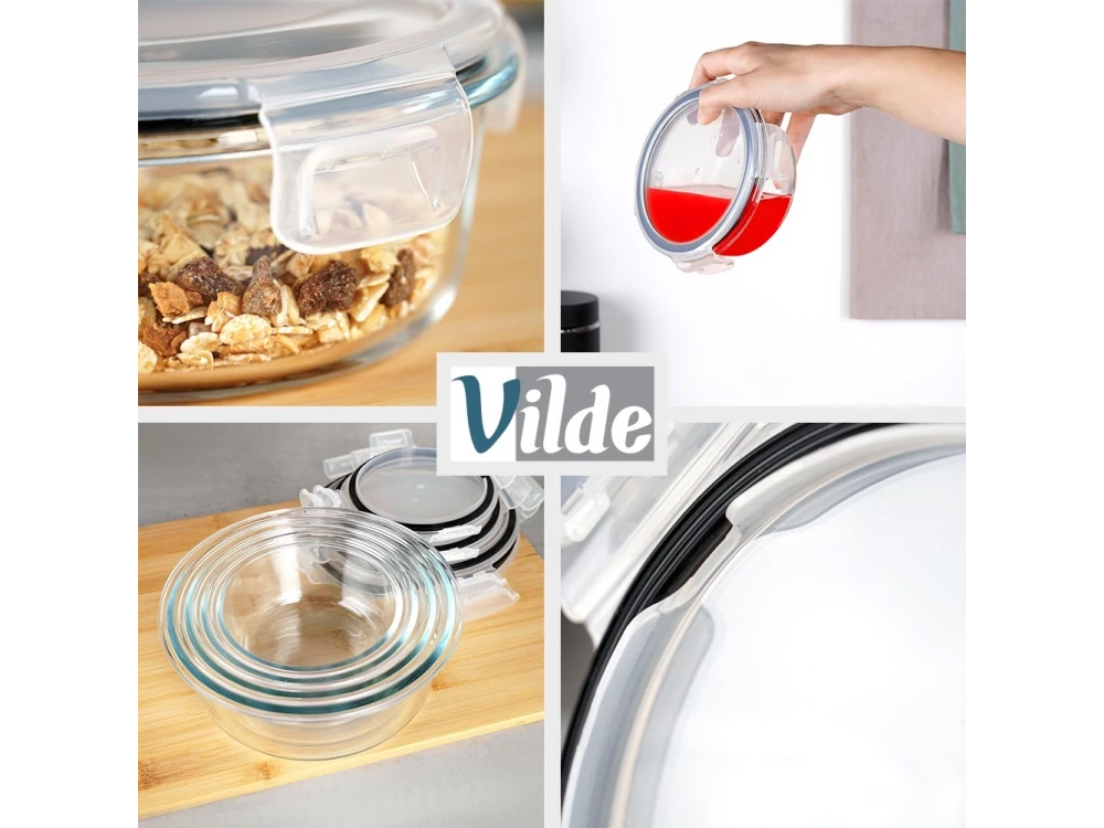 Vilde Premium 4 Glass Food Containers with Lids & Airtight Closure, 370ml + 630ml + 930ml + 1300ml Set of 4, Transparent