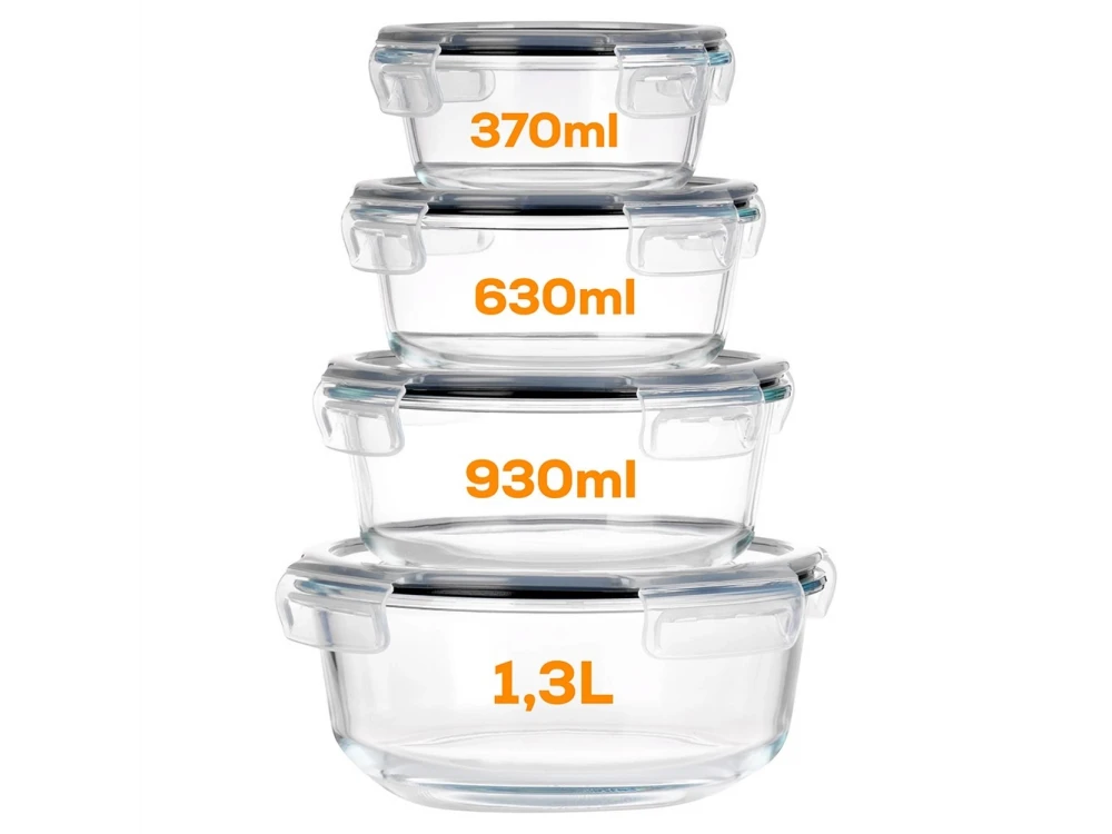 Vilde Premium 4 Glass Food Containers with Lids & Airtight Closure, 370ml + 630ml + 930ml + 1300ml Set of 4, Transparent