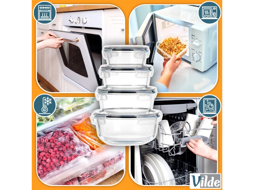 Vilde Premium 4 Glass Food Containers with Lids & Airtight Closure, 370ml + 630ml + 930ml + 1300ml Set of 4, Transparent