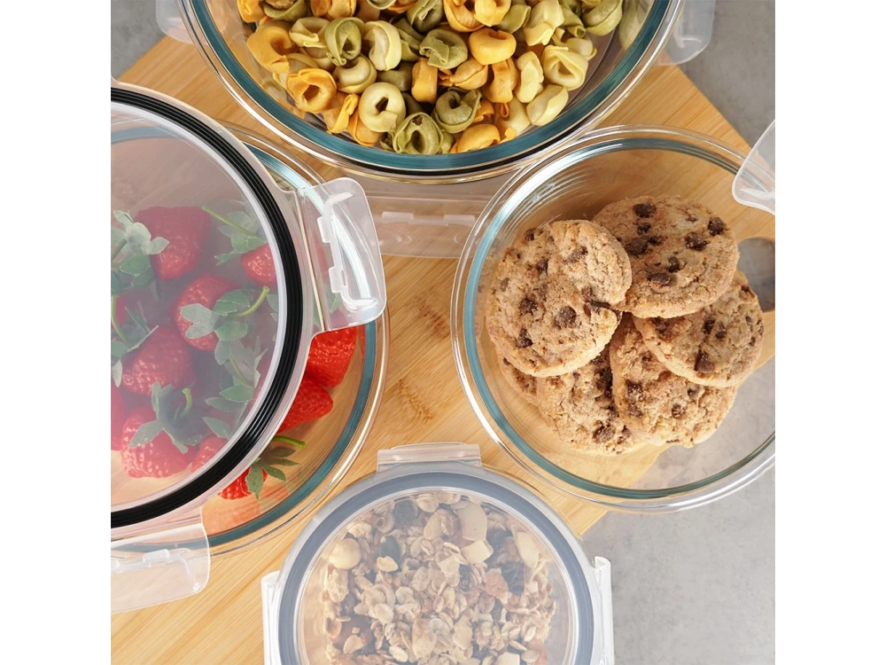 Vilde Premium 4 Glass Food Containers with Lids & Airtight Closure, 370ml + 630ml + 930ml + 1300ml Set of 4, Transparent
