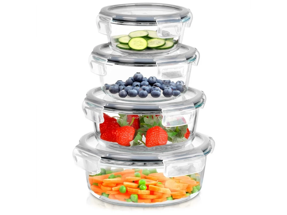 Vilde Premium 4 Glass Food Containers with Lids & Airtight Closure, 370ml + 630ml + 930ml + 1300ml Set of 4, Transparent
