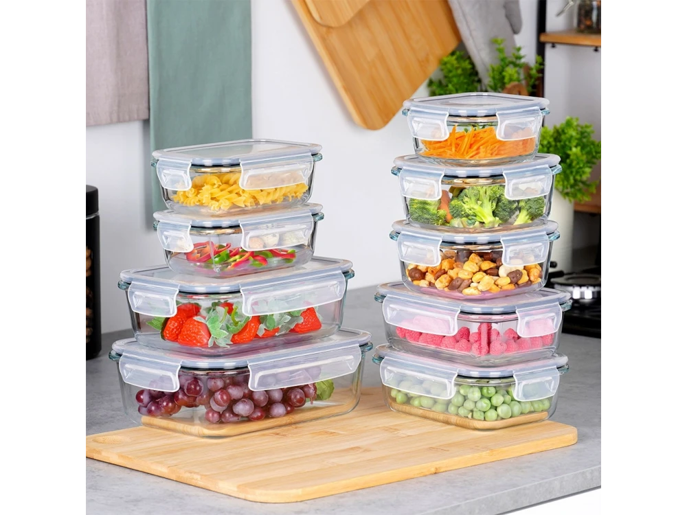 Vilde Premium 9 Glass Food Containers with Lids & Airtight Closure, Various Sizes from 310ml to 1520ml Set of 9, Transparent