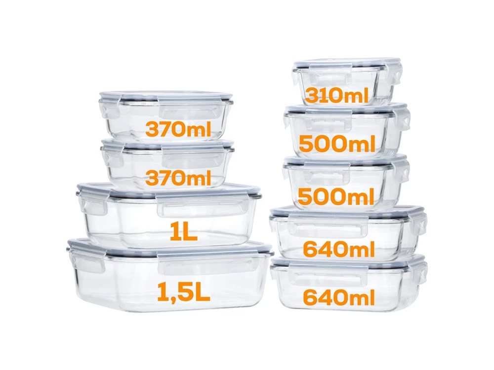 Vilde Premium 9 Glass Food Containers with Lids & Airtight Closure, Various Sizes from 310ml to 1520ml Set of 9, Transparent