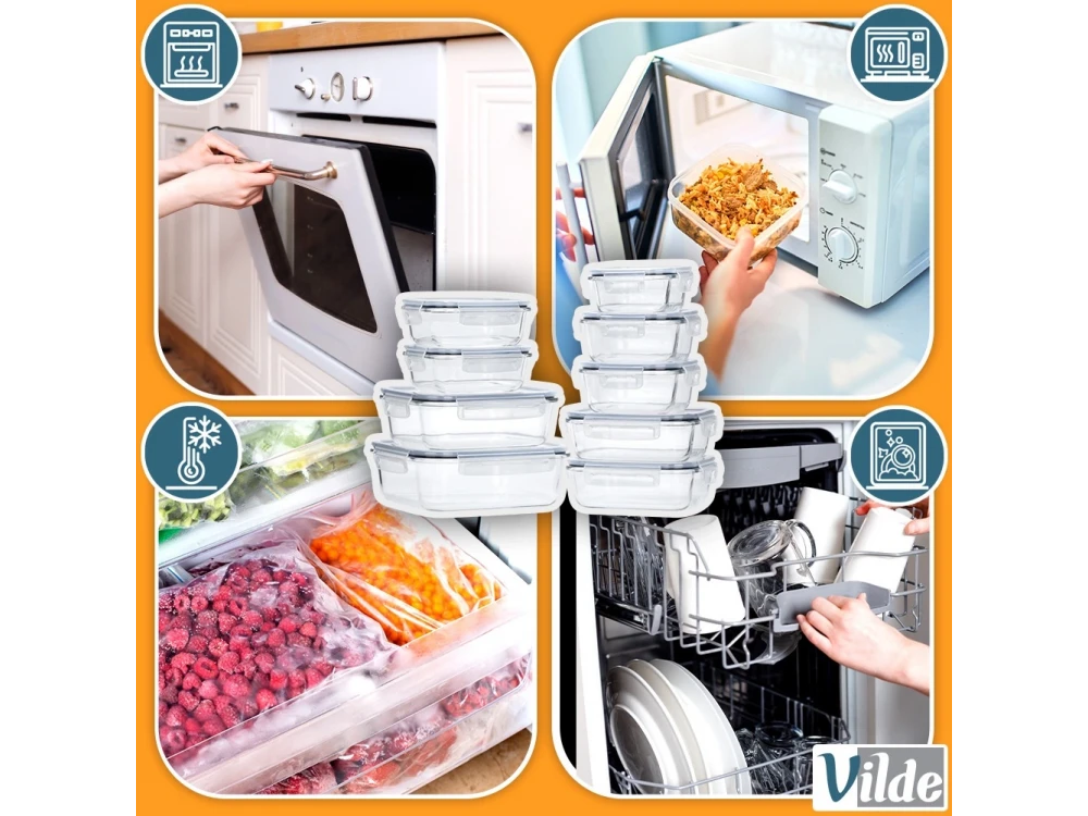 Vilde Premium 9 Glass Food Containers with Lids & Airtight Closure, Various Sizes from 310ml to 1520ml Set of 9, Transparent