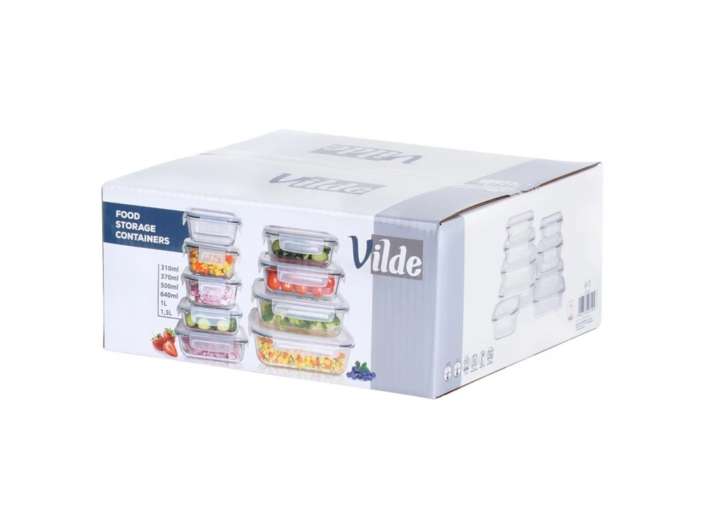 Vilde Premium 9 Glass Food Containers with Lids & Airtight Closure, Various Sizes from 310ml to 1520ml Set of 9, Transparent