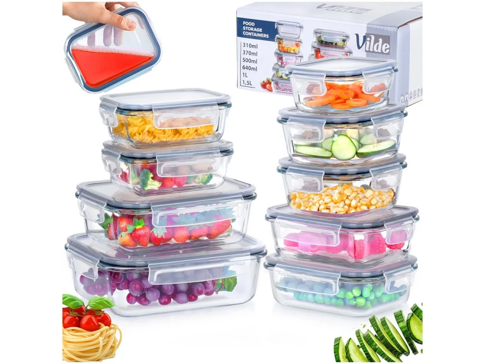 Vilde Premium 9 Glass Food Containers with Lids & Airtight Closure, Various Sizes from 310ml to 1520ml Set of 9, Transparent