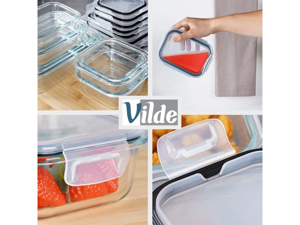 Vilde Premium 9 Glass Food Containers with Lids & Airtight Closure, Various Sizes from 310ml to 1520ml Set of 9, Transparent