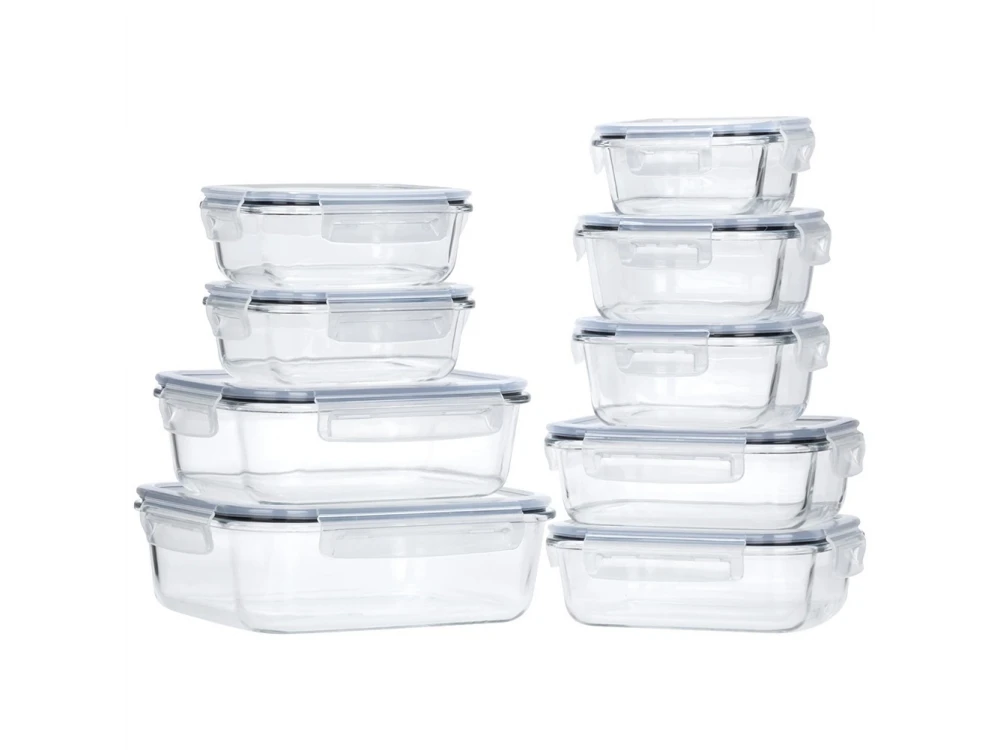 Vilde Premium 9 Glass Food Containers with Lids & Airtight Closure, Various Sizes from 310ml to 1520ml Set of 9, Transparent