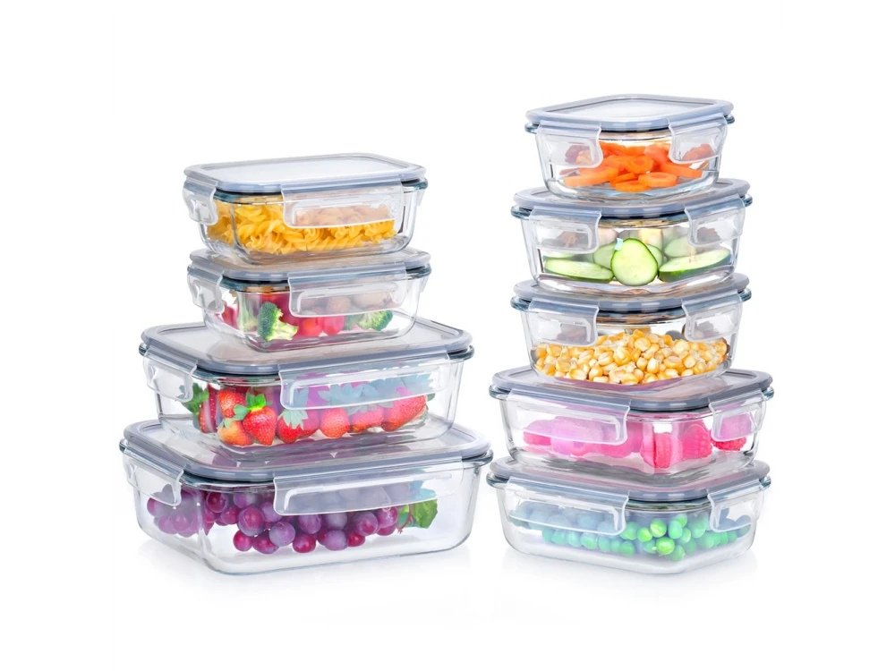 Vilde Premium 9 Glass Food Containers with Lids & Airtight Closure, Various Sizes from 310ml to 1520ml Set of 9, Transparent