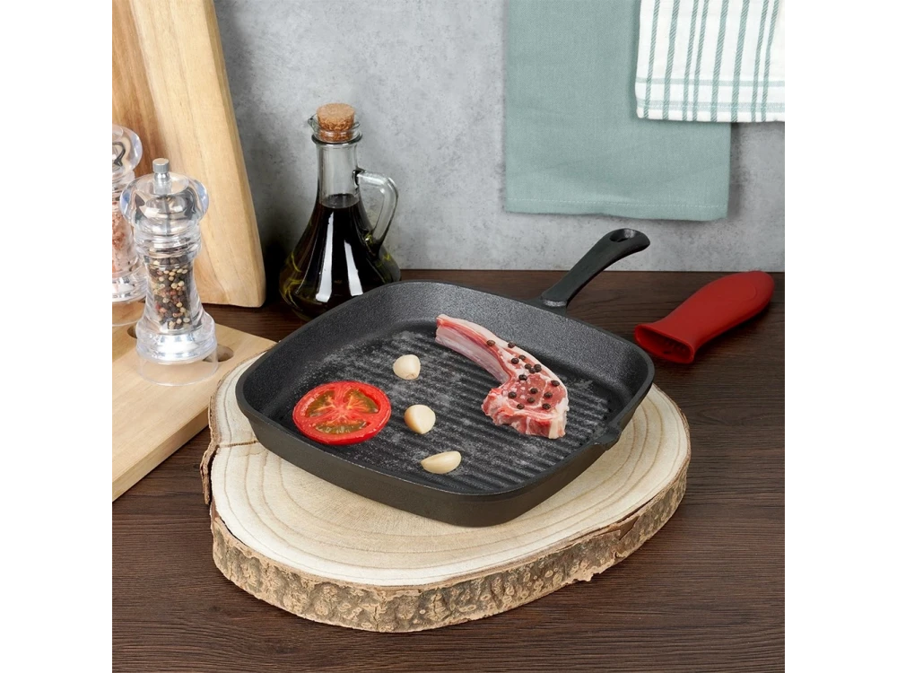 Vilde Premium Cast Iron Grill Pan 24cm, Cast Iron Grill Pan with Extra Silicone Protective Handle