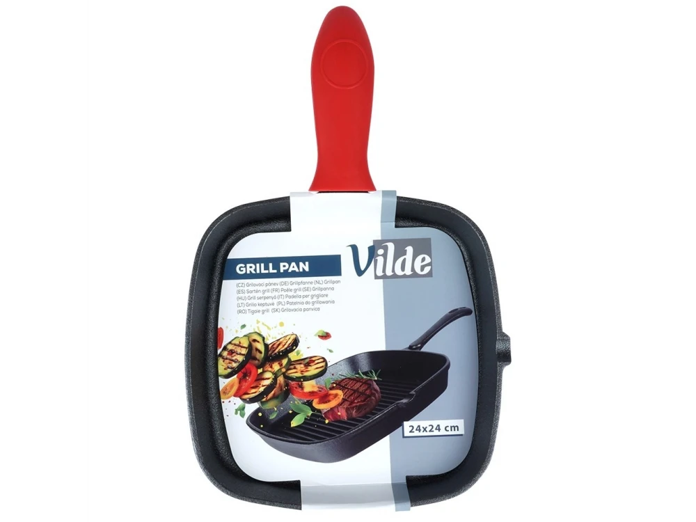 Vilde Premium Cast Iron Grill Pan 24cm, Cast Iron Grill Pan with Extra Silicone Protective Handle