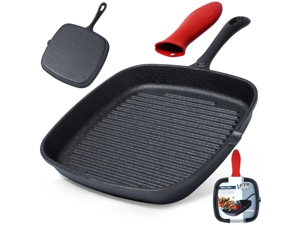 Vilde Premium Cast Iron Grill Pan 24cm, Cast Iron Grill Pan with Extra Silicone Protective Handle