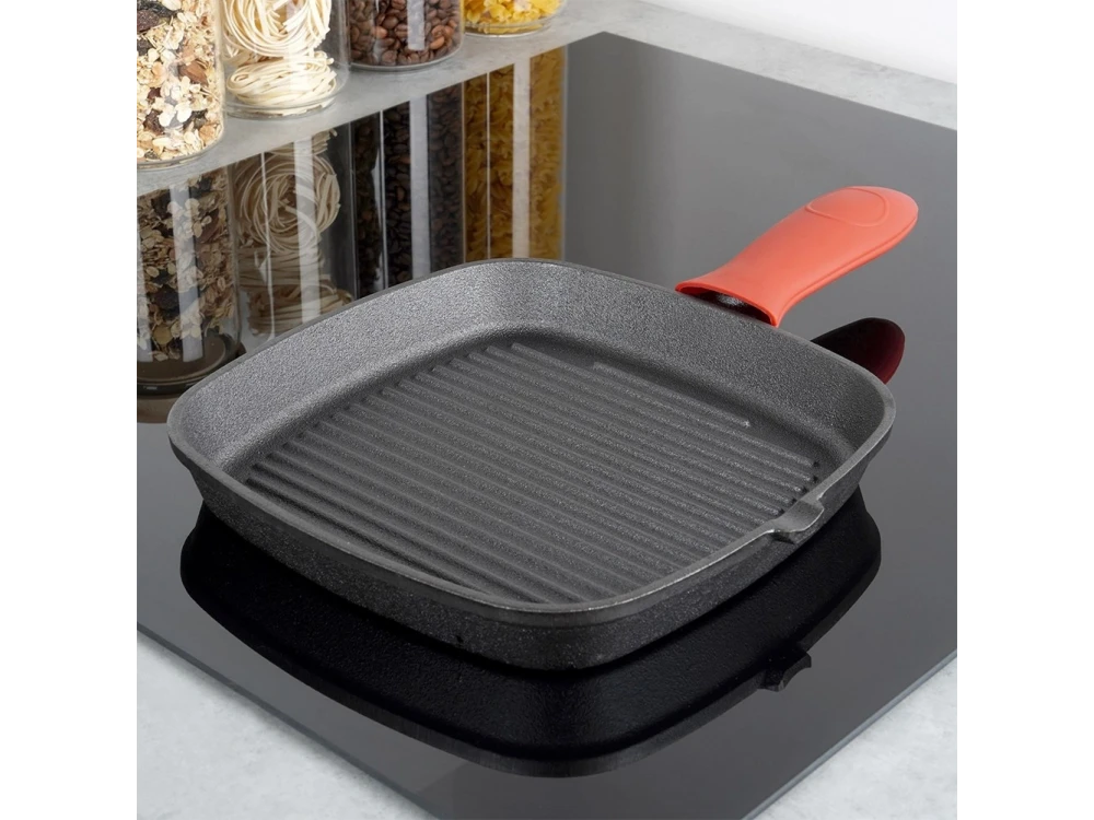 Vilde Premium Cast Iron Grill Pan 24cm, Cast Iron Grill Pan with Extra Silicone Protective Handle