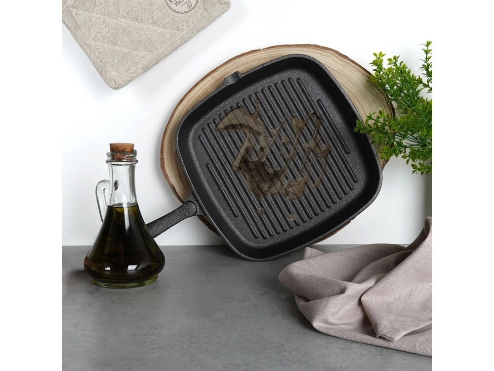 Vilde Premium Cast Iron Grill Pan 24cm, Cast Iron Grill Pan with Extra Silicone Protective Handle
