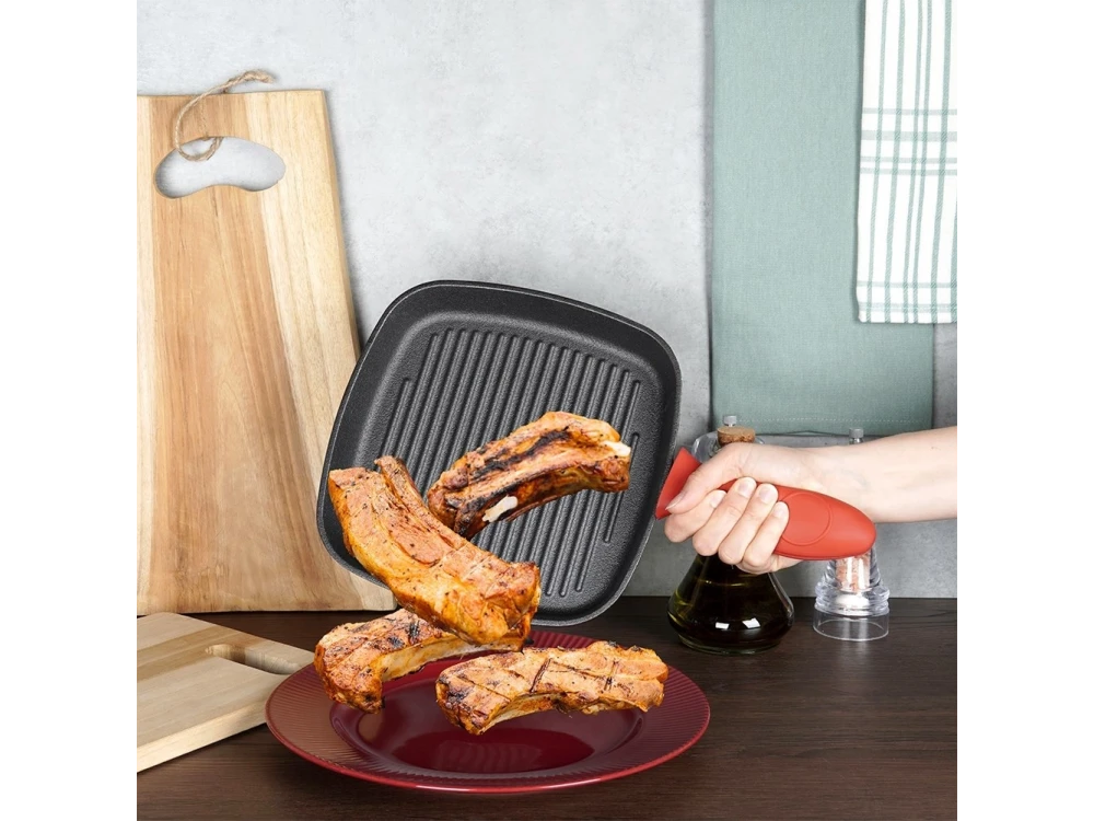 Vilde Premium Cast Iron Grill Pan 24cm, Cast Iron Grill Pan with Extra Silicone Protective Handle