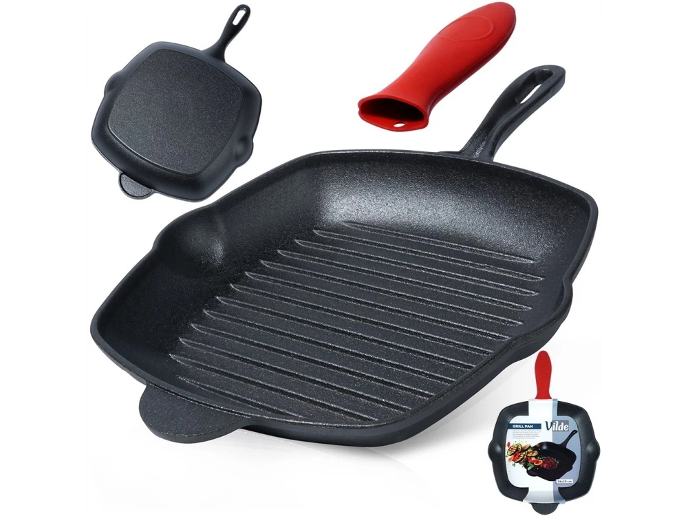 Vilde Premium Cast Iron Grill Pan 28cm, Cast Iron Grill Pan with Extra Silicone Protective Handle