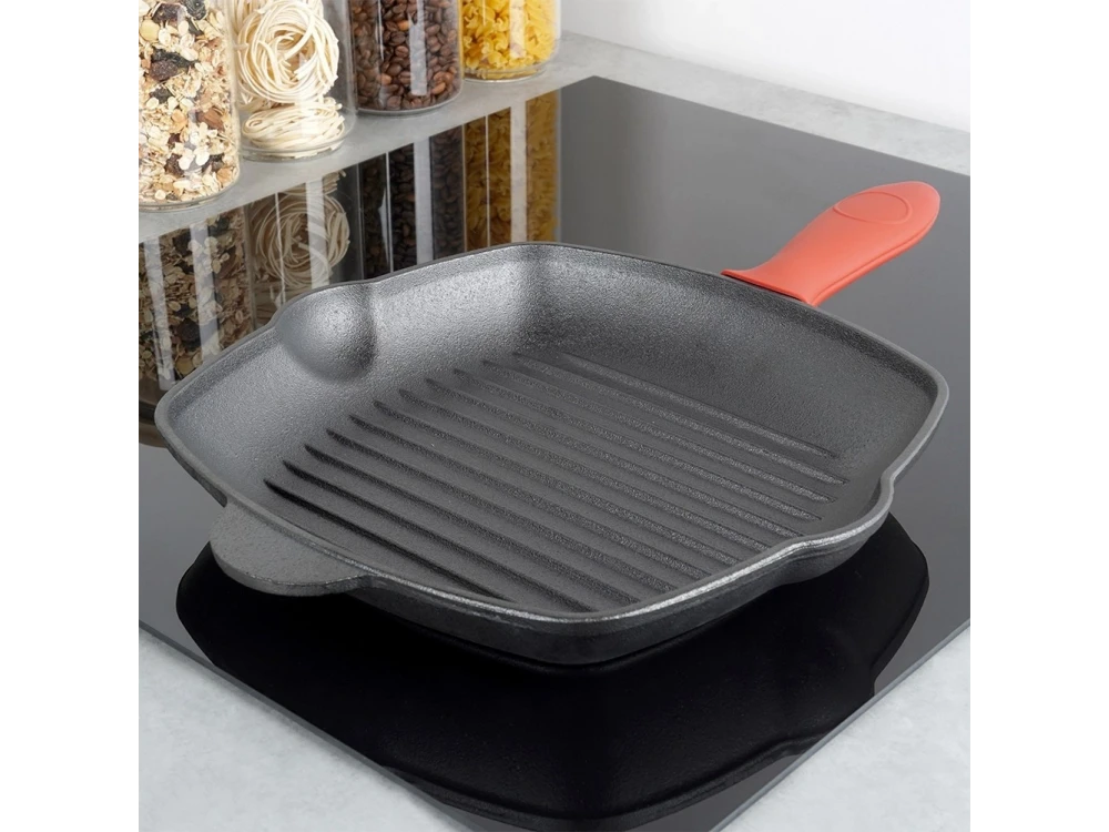 Vilde Premium Cast Iron Grill Pan 28cm, Cast Iron Grill Pan with Extra Silicone Protective Handle