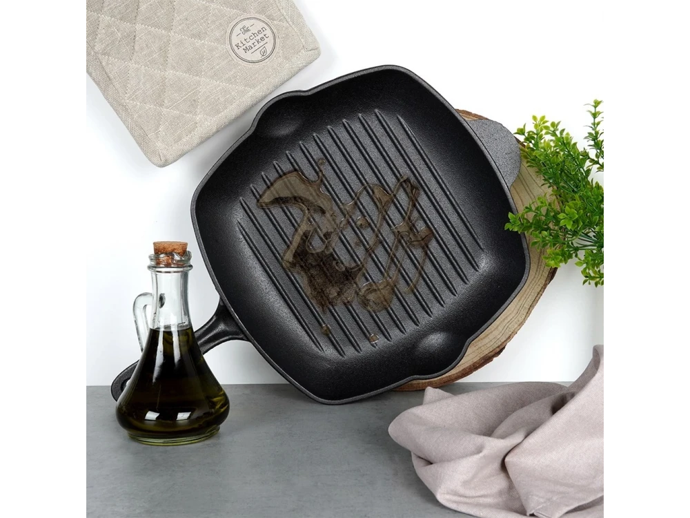 Vilde Premium Cast Iron Grill Pan 28cm, Cast Iron Grill Pan with Extra Silicone Protective Handle