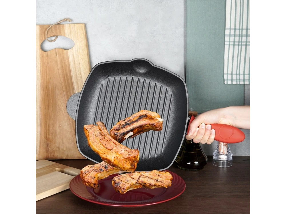 Vilde Premium Cast Iron Grill Pan 28cm, Cast Iron Grill Pan with Extra Silicone Protective Handle