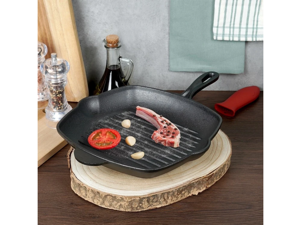 Vilde Premium Cast Iron Grill Pan 28cm, Cast Iron Grill Pan with Extra Silicone Protective Handle