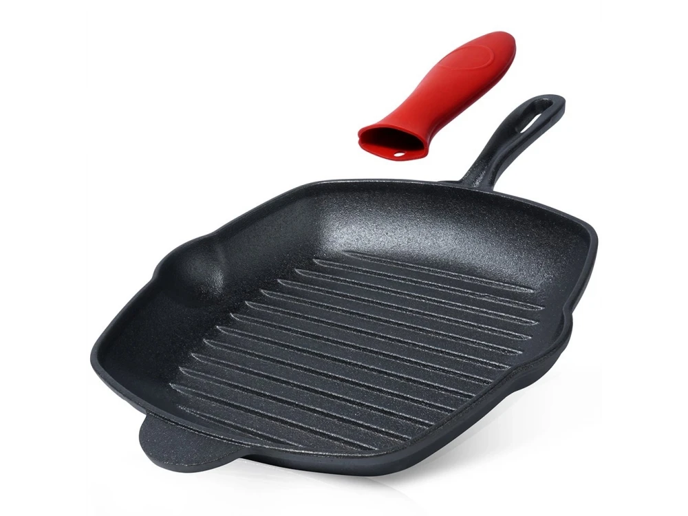 Vilde Premium Cast Iron Grill Pan 28cm, Cast Iron Grill Pan with Extra Silicone Protective Handle